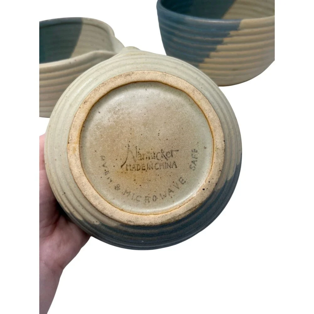 Nantucket Home Ceramic Mixing Bowls Set Blue Beige Two Tone Ribbed Farmhouse Kit